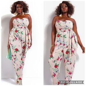 Monif C. Floral Strapless Jumpsuit in Cream and Red